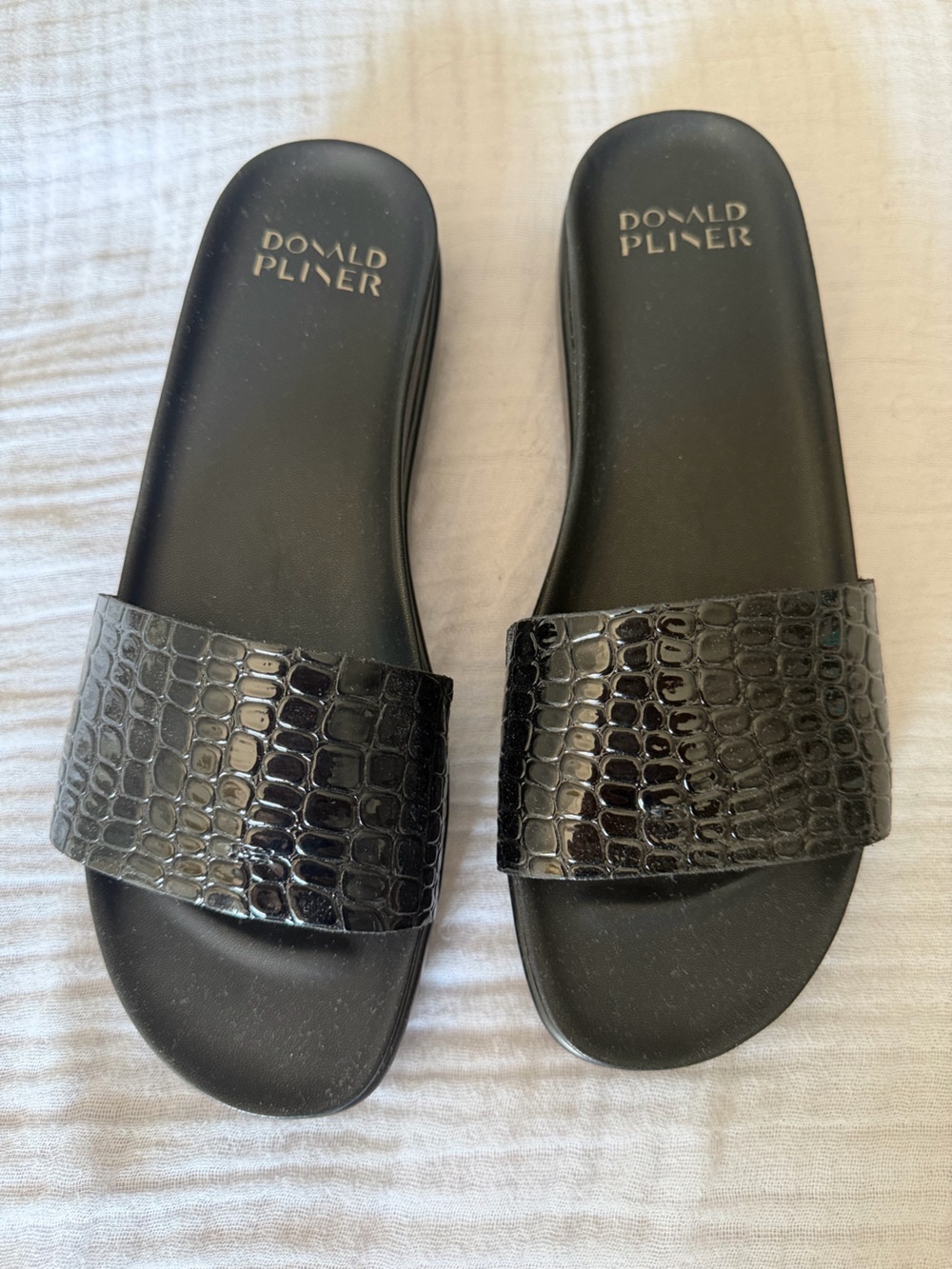Donald J. Pliner Black Croc-Embossed Slide Sandals with Gloss Strap